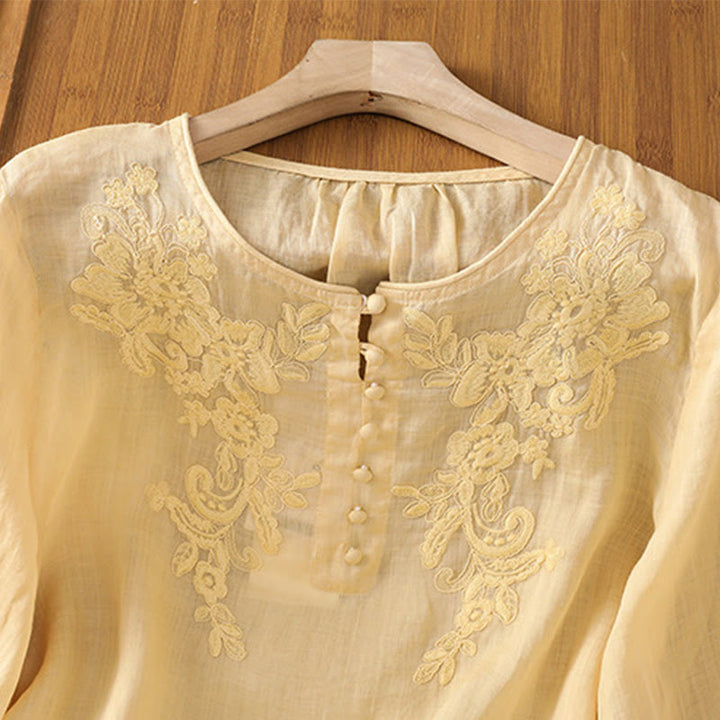 Buddha Stones Flower Vines Embroidery Button Crew Neck Three Quarter Sleeve Women's Cotton Shirt - image 4