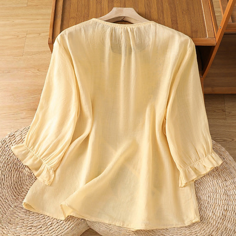 Buddha Stones Flower Vines Embroidery Button Crew Neck Three Quarter Sleeve Women's Cotton Shirt - image 2