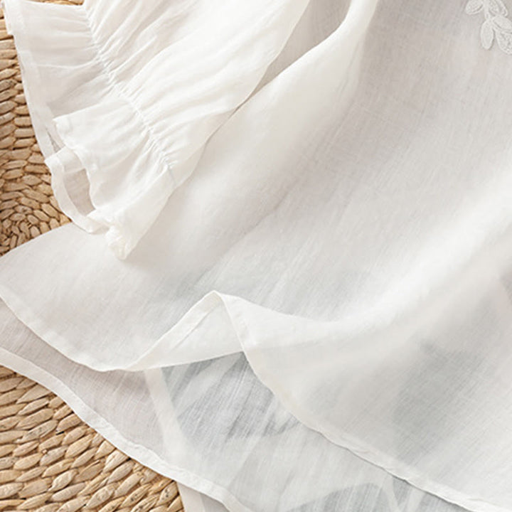 Buddha Stones Flower Vines Embroidery Button Crew Neck Three Quarter Sleeve Women's Cotton Shirt - image 15