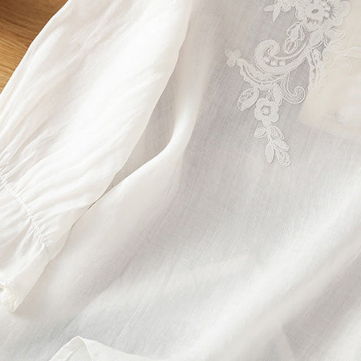 Buddha Stones Flower Vines Embroidery Button Crew Neck Three Quarter Sleeve Women's Cotton Shirt - image 14