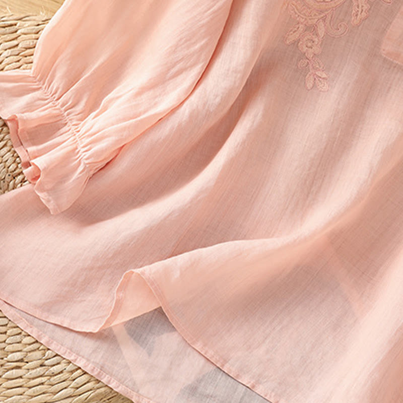 Buddha Stones Flower Vines Embroidery Button Crew Neck Three Quarter Sleeve Women's Cotton Shirt - image 23