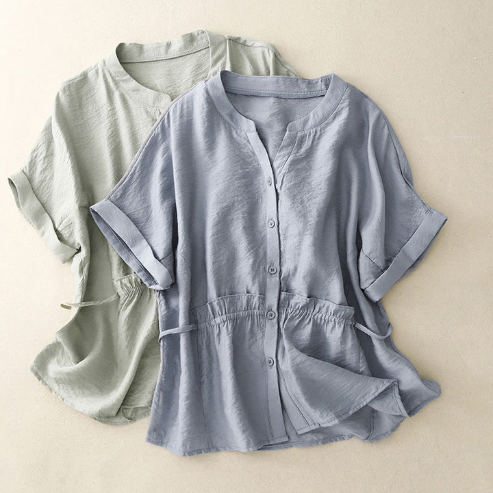 Buddha Stones Summer Button Lace-up Short Sleeve Women's Cotton Shirt - image 9