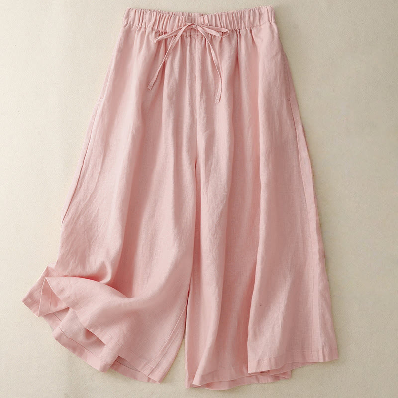 Buddha Stones Summer Elastic Waist Women's Capri Cropped Wide Leg Pants With Pockets - LightPink - US14,UK/AU18,EU46 (3XL) - image 6