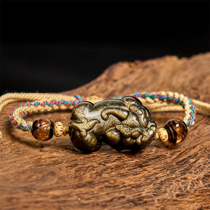 Buddha Stones Gold Sheen Obsidian PiXiu Wealth Rope Bracelet - image 1