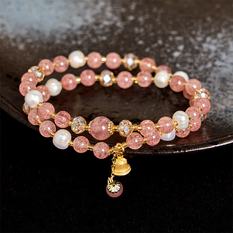 Buddha Stones Natural Strawberry Quartz Pearl Bell Healing Double Wrap Bracelet - Strawberry Quartz(Wrist Circumference 14-15cm) - image 0