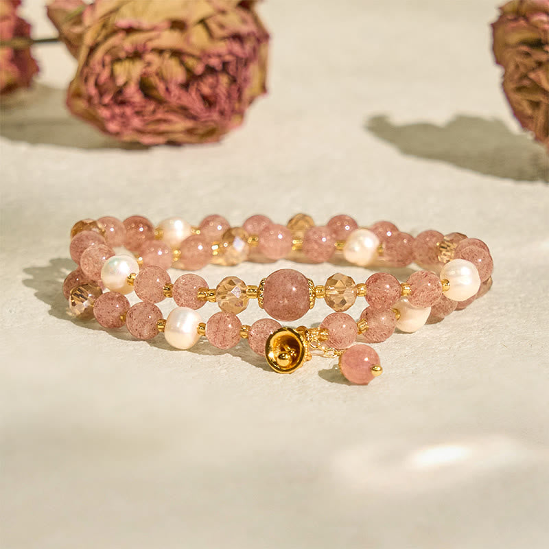 Buddha Stones Natural Strawberry Quartz Pearl Bell Healing Double Wrap Bracelet - image 3