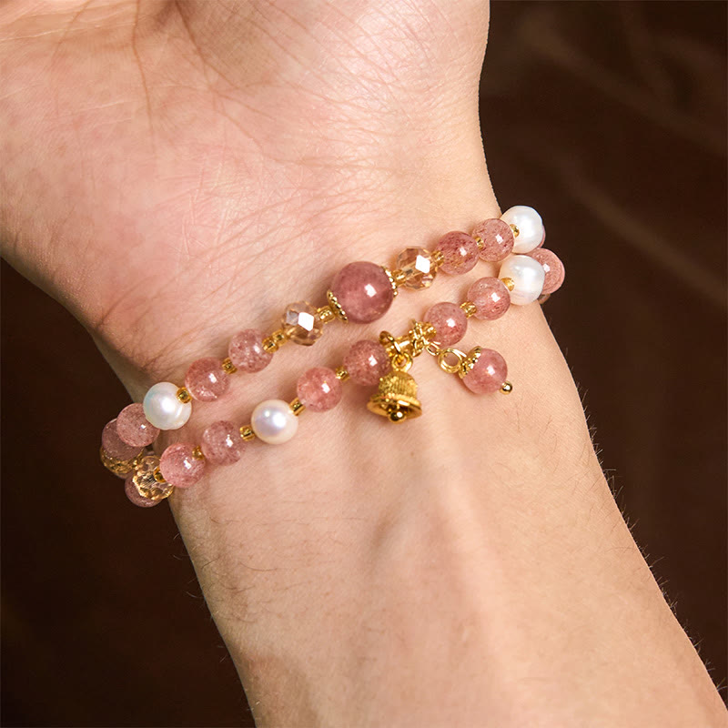 Buddha Stones Natural Strawberry Quartz Pearl Bell Healing Double Wrap Bracelet - image 4