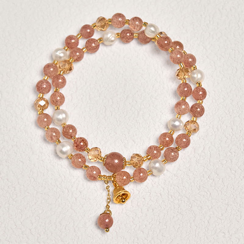 Buddha Stones Natural Strawberry Quartz Pearl Bell Healing Double Wrap Bracelet - image 1