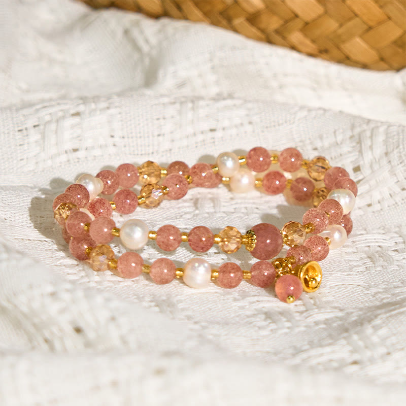 Buddha Stones Natural Strawberry Quartz Pearl Bell Healing Double Wrap Bracelet - image 2