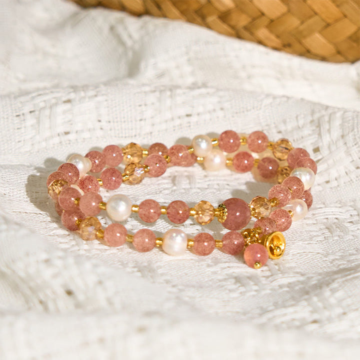 Buddha Stones Natural Strawberry Quartz Pearl Bell Healing Double Wrap Bracelet - image 2