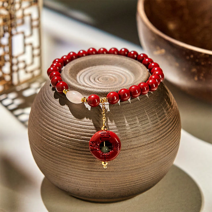 Buddha Stones Natural Cinnabar Peace Buckle Charm Blessing Bracelet - Cinnabar(Wrist Circumference 14-17cm) - image 0