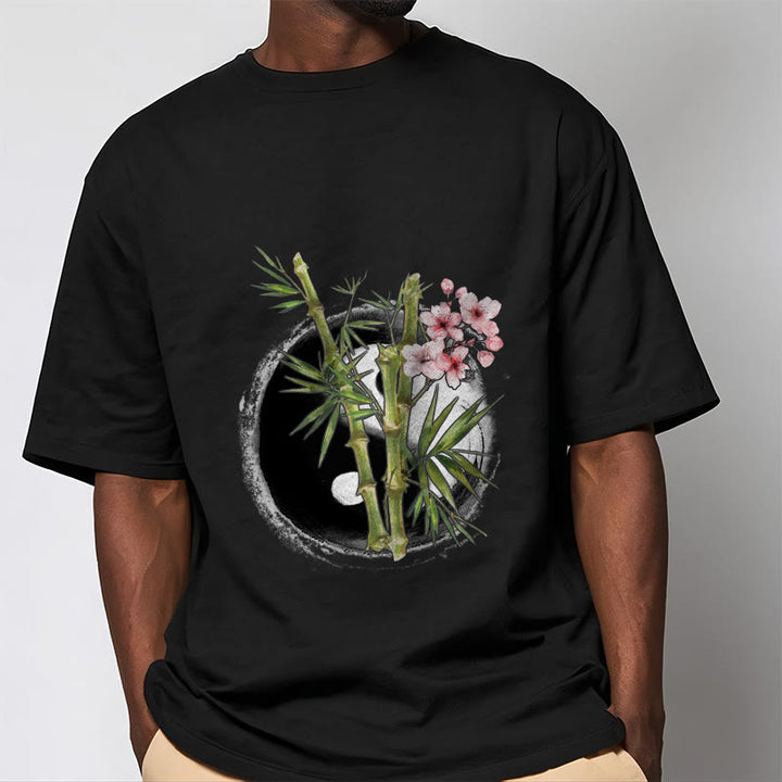 Buddha Stones Yin Yang Bamboo Peach Blossoms Pattern Tee T-shirt - image 1