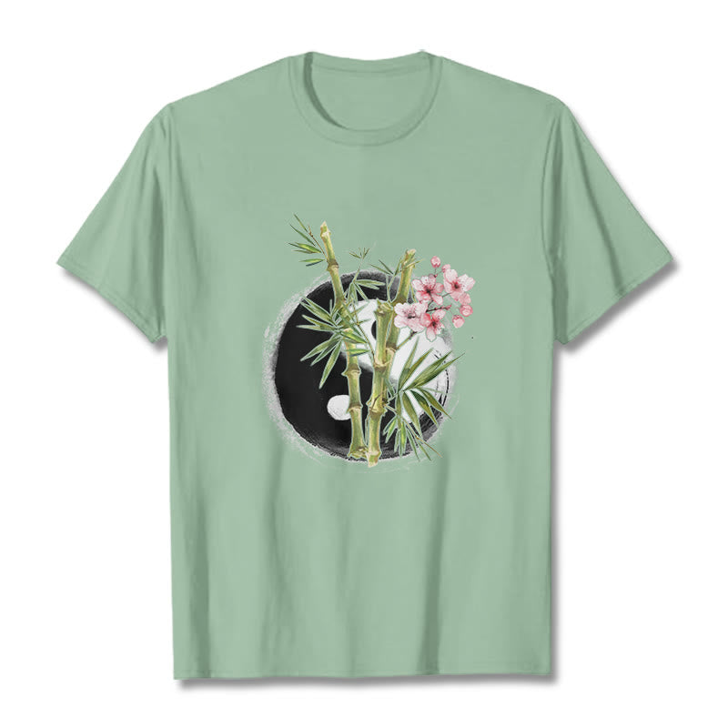 Buddha Stones Yin Yang Bamboo Peach Blossoms Pattern Tee T-shirt - PaleGreen - 2XL - image 14