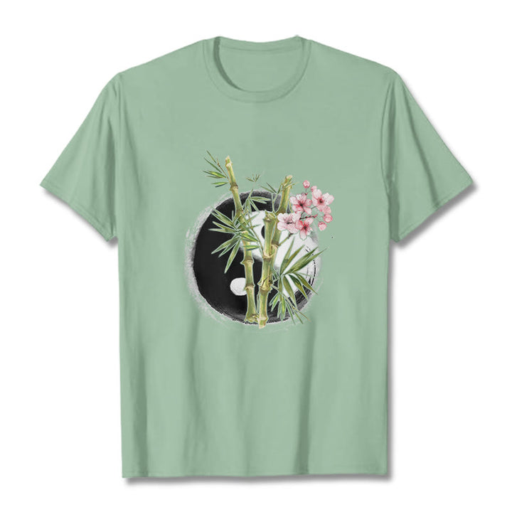 Buddha Stones Yin Yang Bamboo Peach Blossoms Pattern Tee T-shirt - PaleGreen - 2XL - image 14