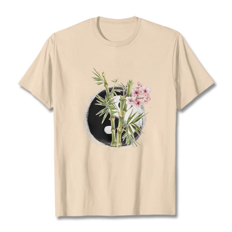 Buddha Stones Yin Yang Bamboo Peach Blossoms Pattern Tee T-shirt - Bisque - 2XL - image 8
