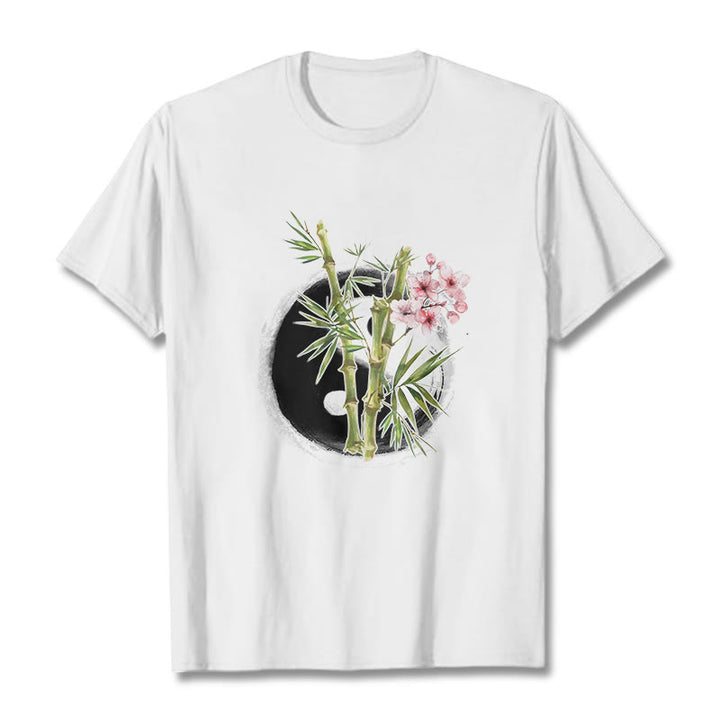 Buddha Stones Yin Yang Bamboo Peach Blossoms Pattern Tee T-shirt - White - 2XL - image 5