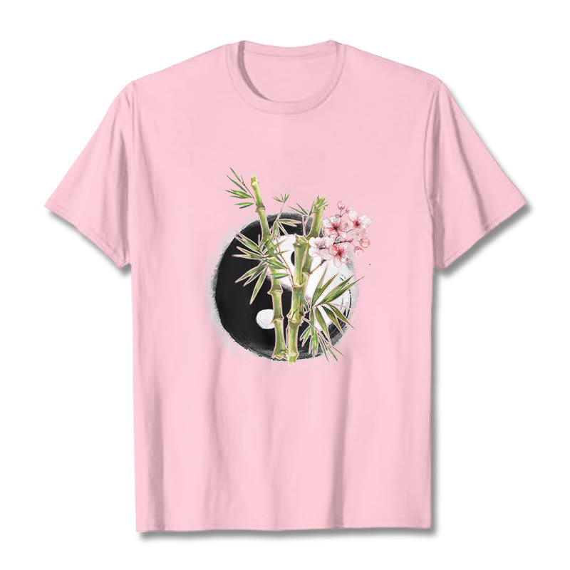 Buddha Stones Yin Yang Bamboo Peach Blossoms Pattern Tee T-shirt - LightPink - 2XL - image 12