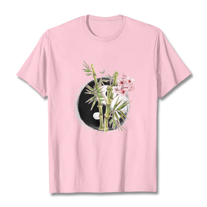 Buddha Stones Yin Yang Bamboo Peach Blossoms Pattern Tee T-shirt - LightPink - 2XL - image 12