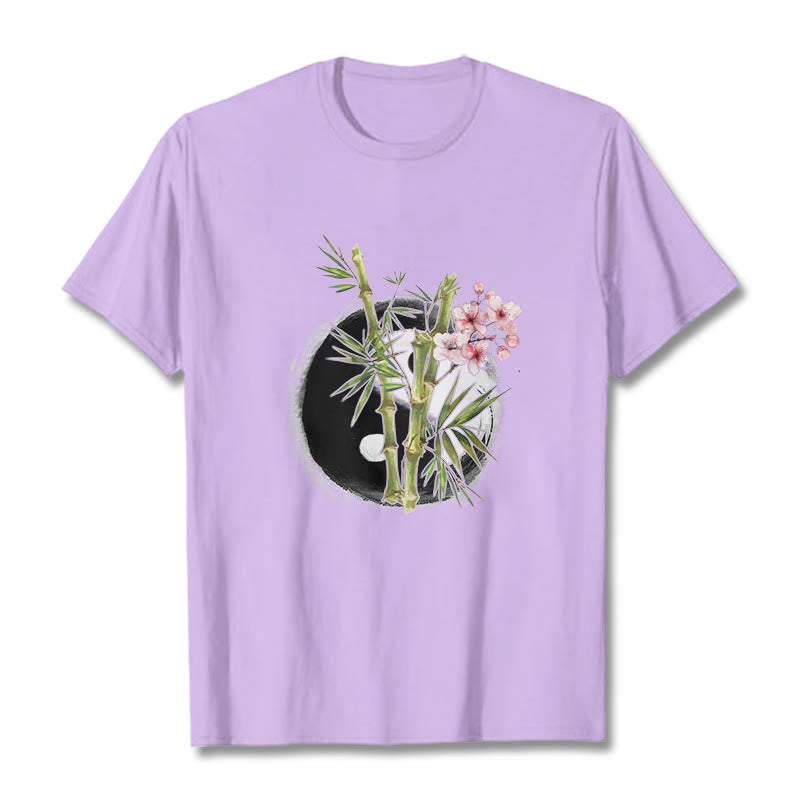 Buddha Stones Yin Yang Bamboo Peach Blossoms Pattern Tee T-shirt - Plum - 2XL - image 16
