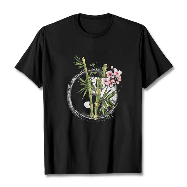 Buddha Stones Yin Yang Bamboo Peach Blossoms Pattern Tee T-shirt - Black - 2XL - image 0