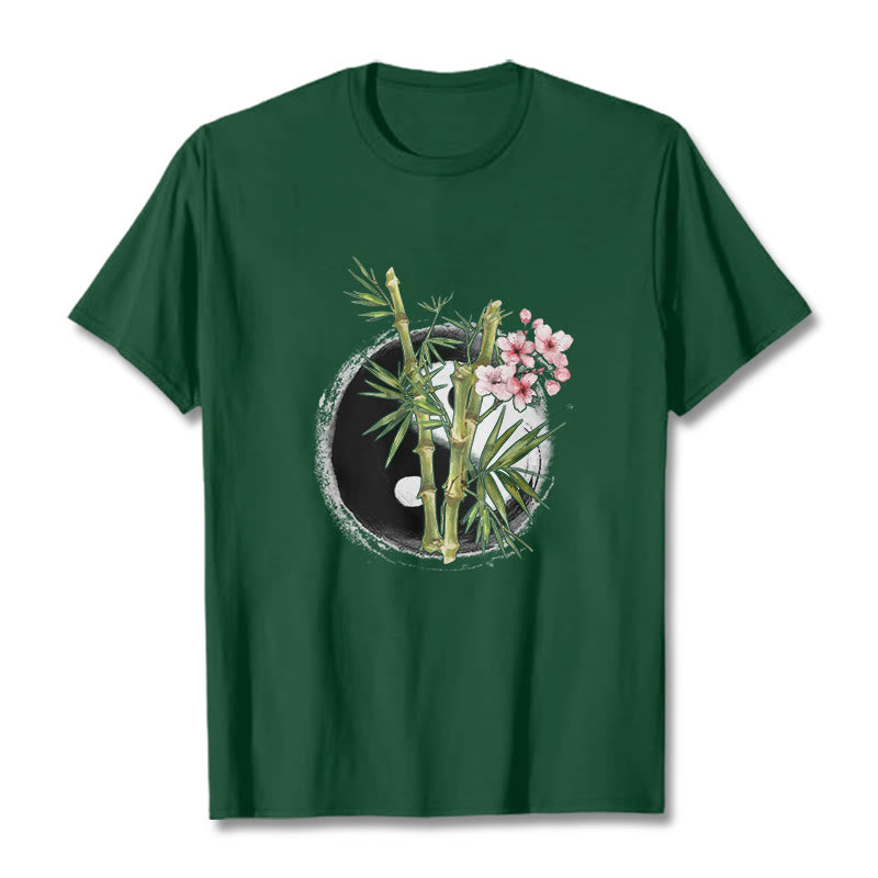 Buddha Stones Yin Yang Bamboo Peach Blossoms Pattern Tee T-shirt - ForestGreen - 2XL - image 10
