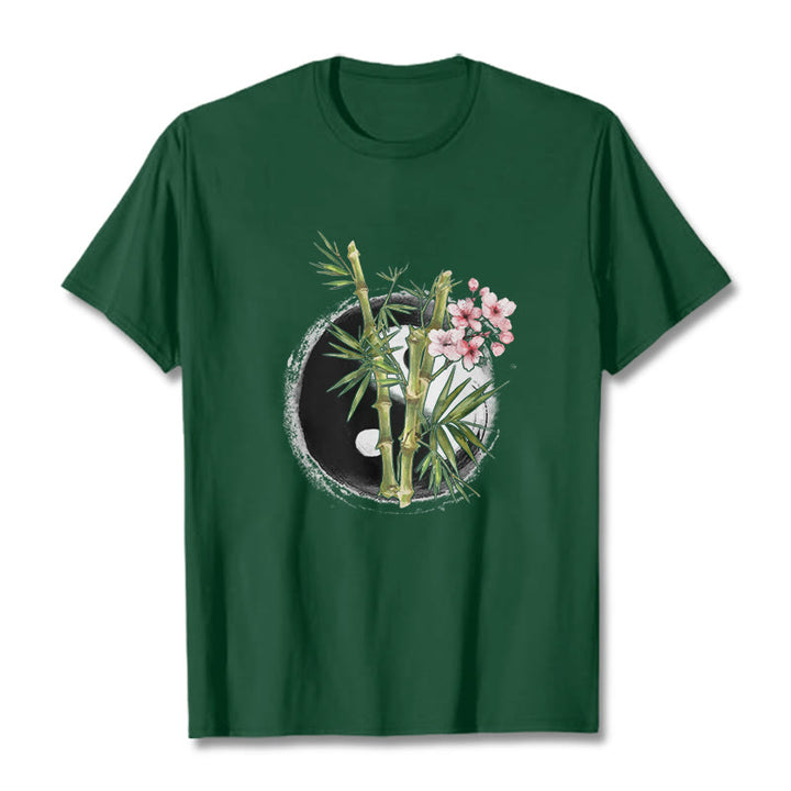 Buddha Stones Yin Yang Bamboo Peach Blossoms Pattern Tee T-shirt - ForestGreen - 2XL - image 10