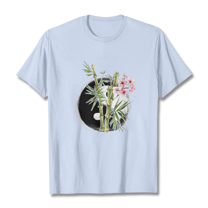 Buddha Stones Yin Yang Bamboo Peach Blossoms Pattern Tee T-shirt - LightCyan - 2XL - image 18