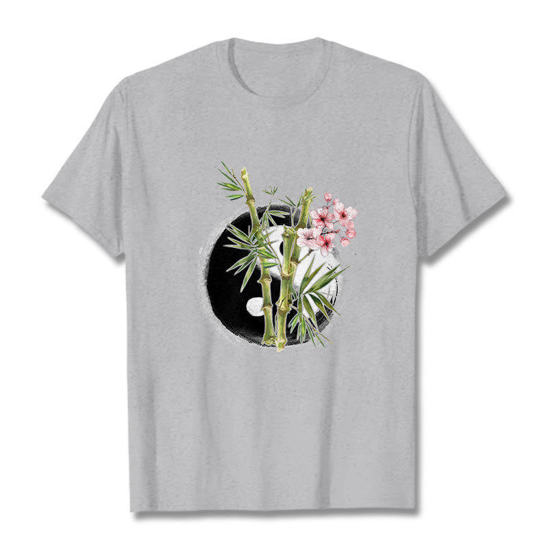 Buddha Stones Yin Yang Bamboo Peach Blossoms Pattern Tee T-shirt - LightGrey - 2XL - image 19