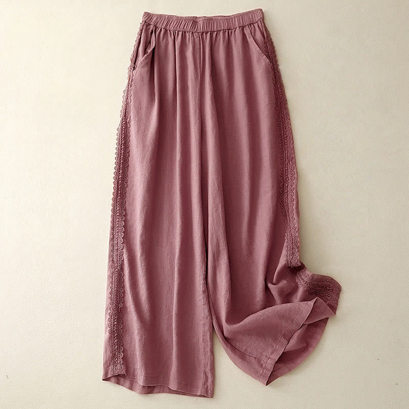 Buddha Stones Plain Color Lace Stitching Cotton Linen Women's Wide Leg Pants With Pockets - PaleVioletRed - US8-10,UK/AU12-14,EU40-42 (2XL) - image 13