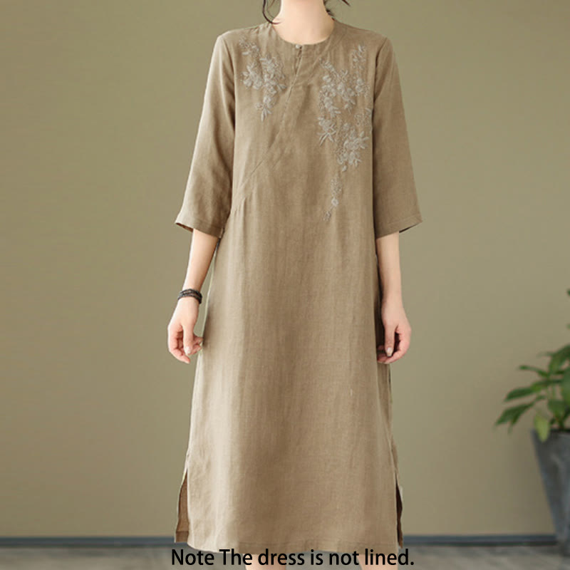 Buddha Stones Vintage Embroidery Three Quarter Sleeve Cotton Linen Midi Dress With Pockets - image 1