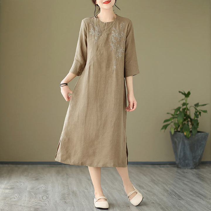 Buddha Stones Vintage Embroidery Three Quarter Sleeve Cotton Linen Midi Dress With Pockets - image 2