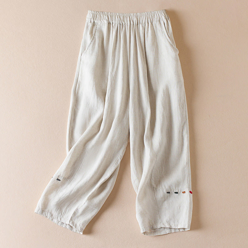 Buddha Stones Colored Thread 7-8 Length Women's Harem Cotton Linen Pants With Pockets - Beige - US12,UK/AU16,EU44 (3XL) - image 0