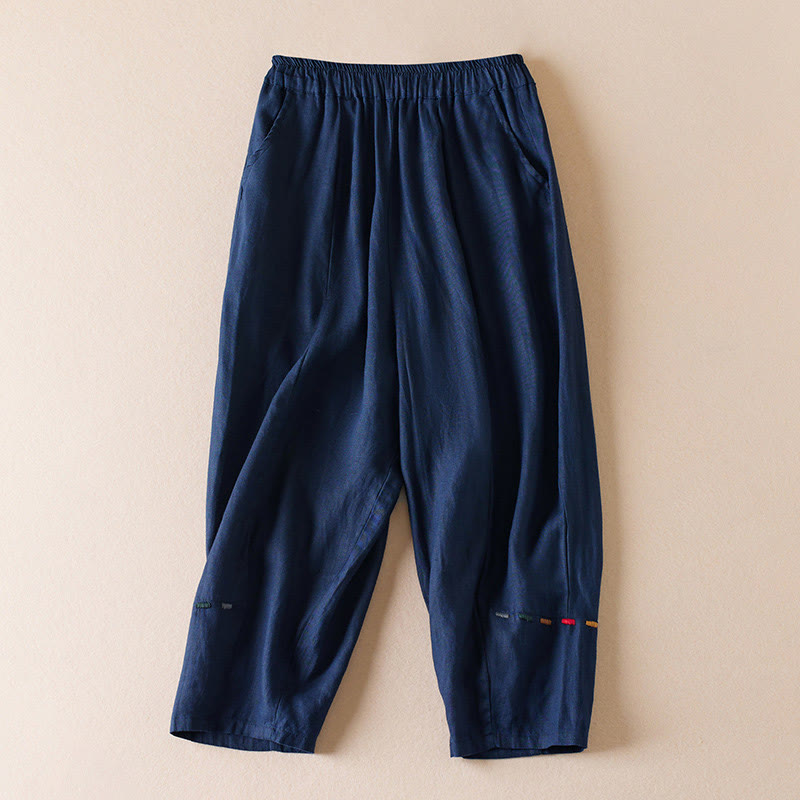 Buddha Stones Colored Thread 7-8 Length Women's Harem Cotton Linen Pants With Pockets - Navy - US12,UK/AU16,EU44 (3XL) - image 9