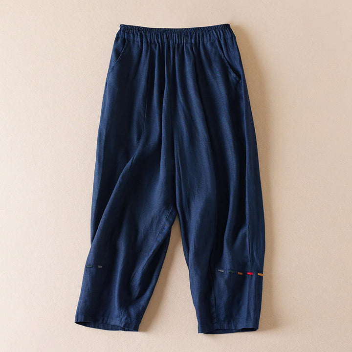 Buddha Stones Colored Thread 7-8 Length Women's Harem Cotton Linen Pants With Pockets - Navy - US12,UK/AU16,EU44 (3XL) - image 9