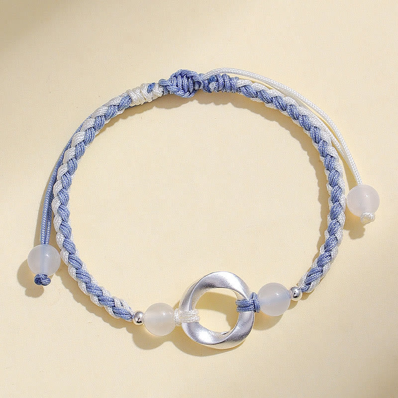 Buddha Stones 925 Sterling Silver Mobius White Agate Bead Braided String Protection Bracelet - image 2