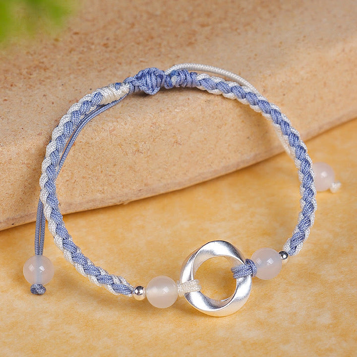 Buddha Stones 925 Sterling Silver Mobius White Agate Bead Braided String Protection Bracelet - 925 Sterling Silver Blue String(Wrist Circumference: 15-18cm) - image 0
