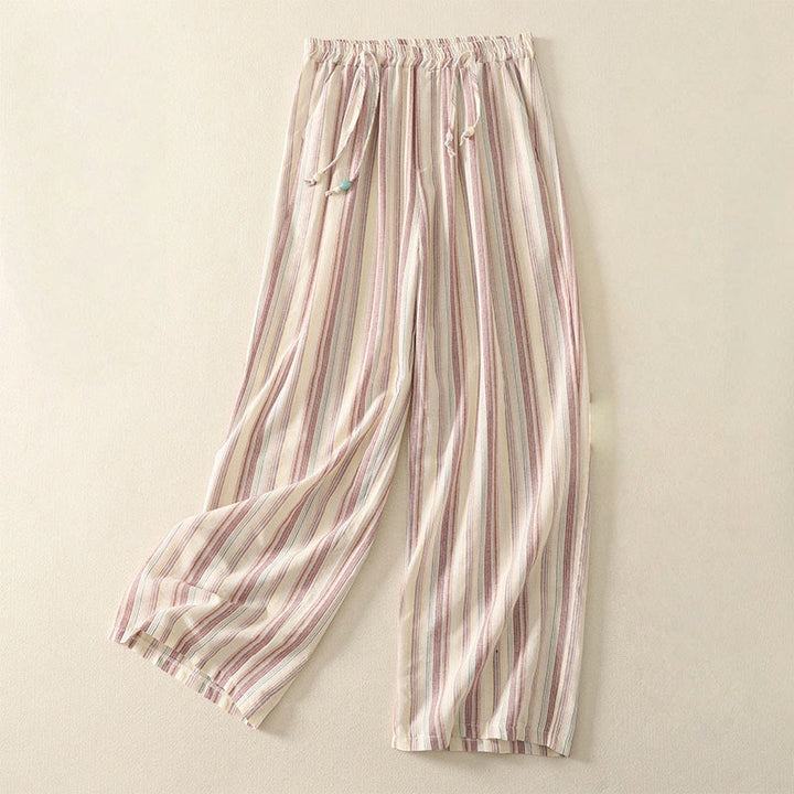 Buddha Stones Color Vertical Stripes Cotton Women's Wide Leg Pants With Pockets - PapayaWhip - US8-10,UK/AU12-14,EU40-42 (2XL) - image 0
