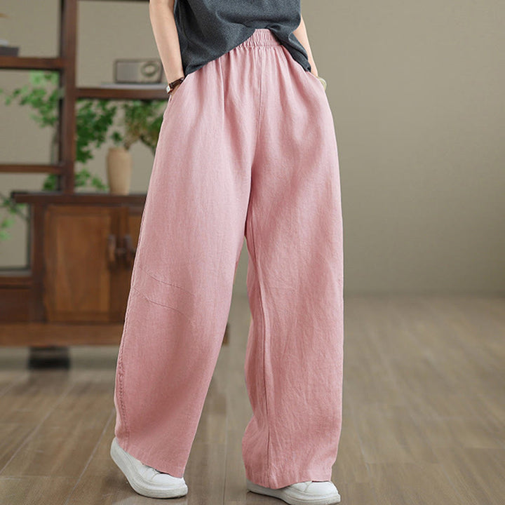 Buddha Stones Casual Plain Cotton Women's Wide Leg Pants With Pockets - Pink - US12,UK/AU16,EU44 (3XL) - image 6