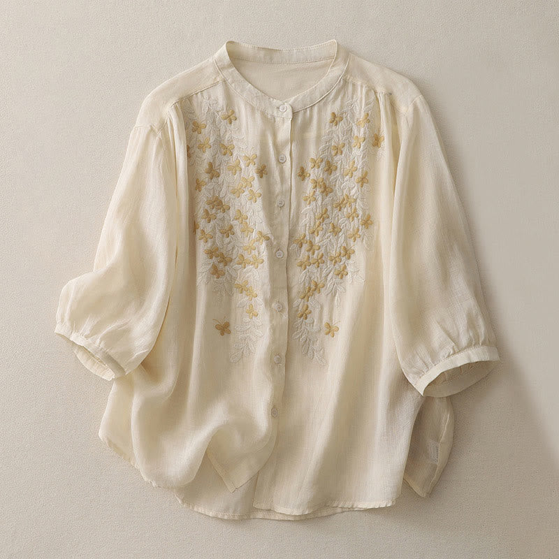 Buddha Stones Embroidery Flowers Single Breasted Women's Cotton Linen Shirt - OldLace - US14,UK/AU18,EU46 (2XL) - image 0