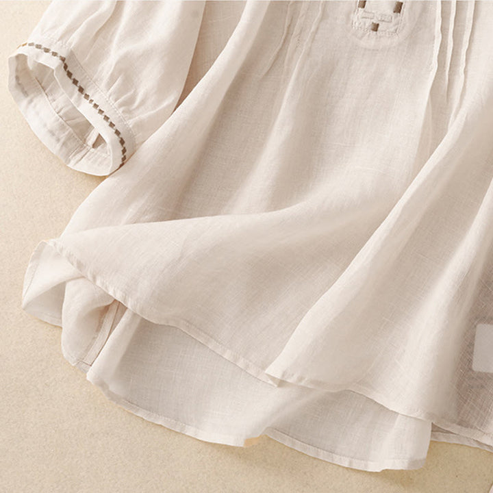 Buddha Stones Embroidery Crew Neck Pleats Women's Cotton Linen Half Sleeve T-shirt - image 10