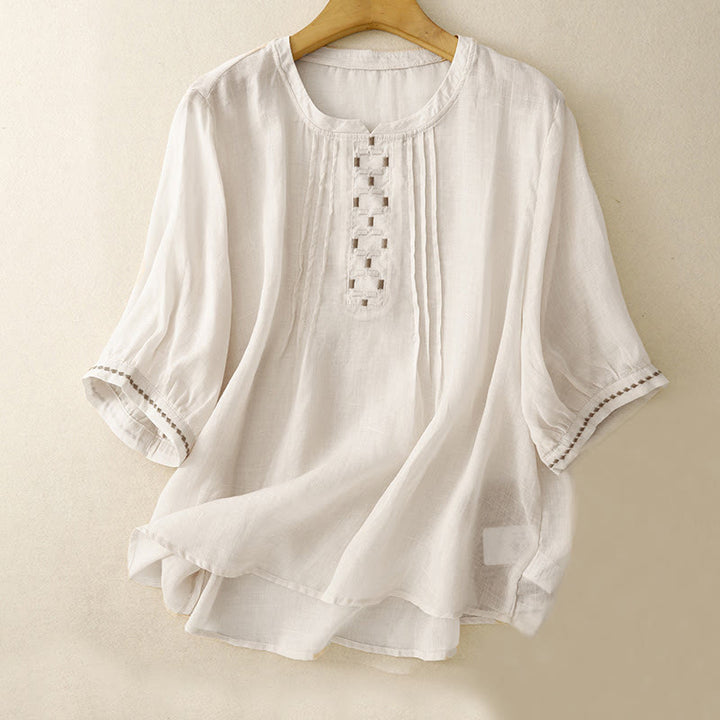 Buddha Stones Embroidery Crew Neck Pleats Women's Cotton Linen Half Sleeve T-shirt - Beige - US14,UK/AU18,EU46 (2XL) - image 0