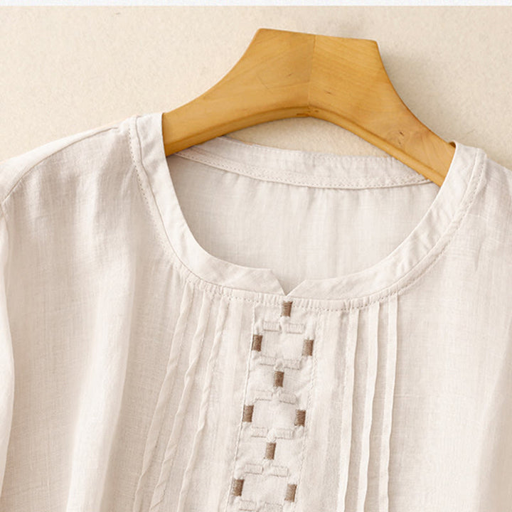 Buddha Stones Embroidery Crew Neck Pleats Women's Cotton Linen Half Sleeve T-shirt - image 2