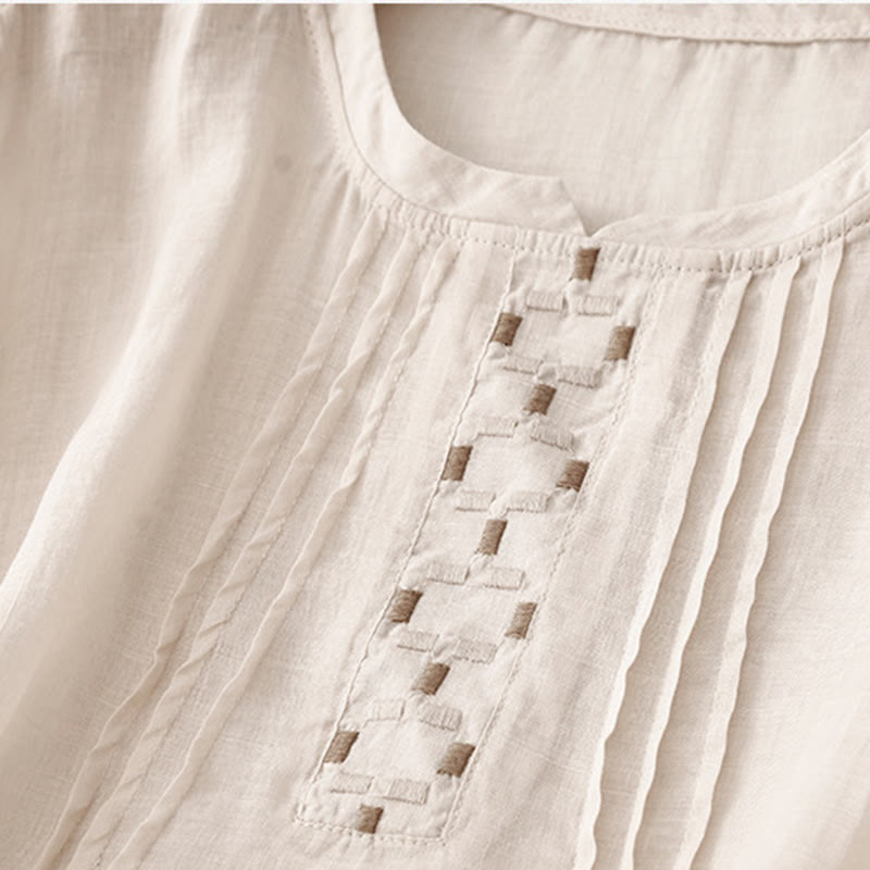 Buddha Stones Embroidery Crew Neck Pleats Women's Cotton Linen Half Sleeve T-shirt - image 9