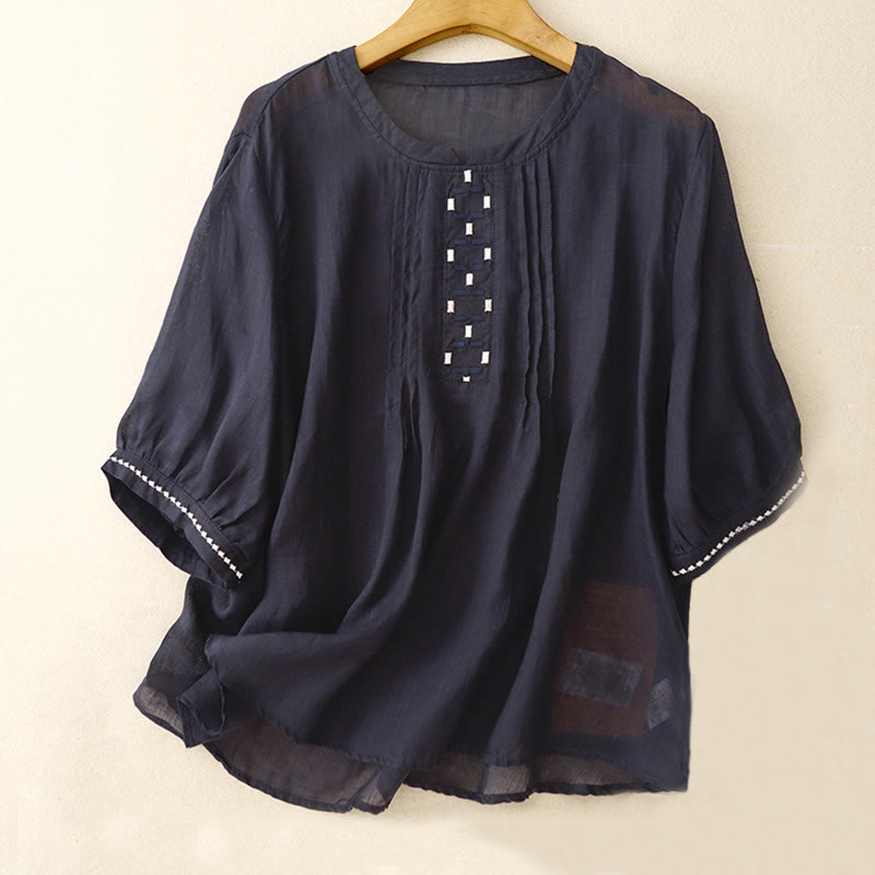 Buddha Stones Embroidery Crew Neck Pleats Women's Cotton Linen Half Sleeve T-shirt - MidnightBlue - US14,UK/AU18,EU46 (2XL) - image 11