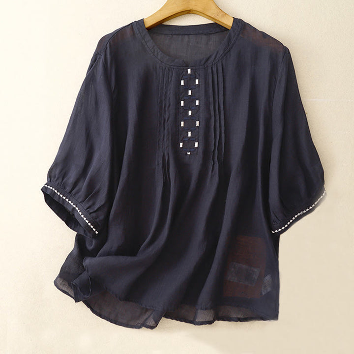 Buddha Stones Embroidery Crew Neck Pleats Women's Cotton Linen Half Sleeve T-shirt - MidnightBlue - US14,UK/AU18,EU46 (2XL) - image 11