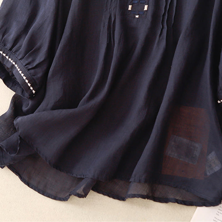 Buddha Stones Embroidery Crew Neck Pleats Women's Cotton Linen Half Sleeve T-shirt - image 15