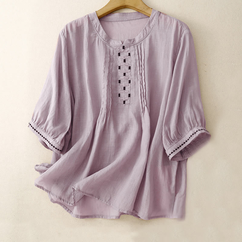 Buddha Stones Embroidery Crew Neck Pleats Women's Cotton Linen Half Sleeve T-shirt - Plum - US14,UK/AU18,EU46 (2XL) - image 18