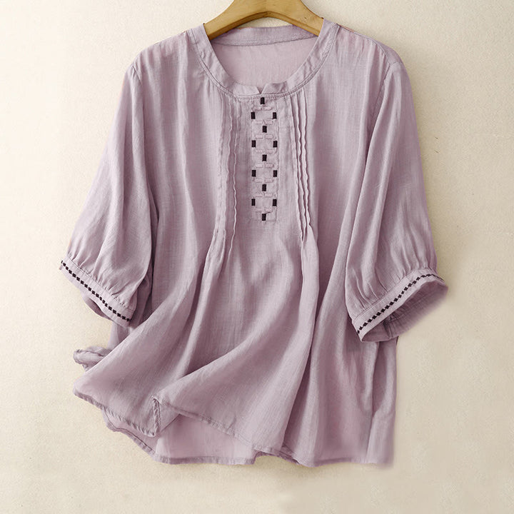 Buddha Stones Embroidery Crew Neck Pleats Women's Cotton Linen Half Sleeve T-shirt - Plum - US14,UK/AU18,EU46 (2XL) - image 18