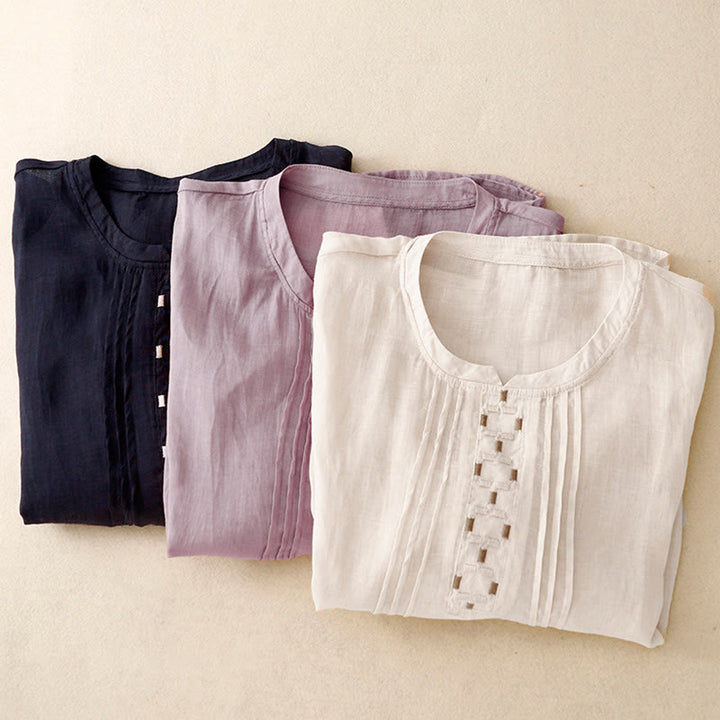 Buddha Stones Embroidery Crew Neck Pleats Women's Cotton Linen Half Sleeve T-shirt - image 25