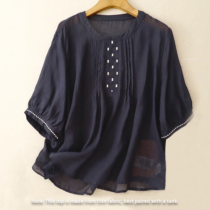 Buddha Stones Embroidery Crew Neck Pleats Women's Cotton Linen Half Sleeve T-shirt - image 12